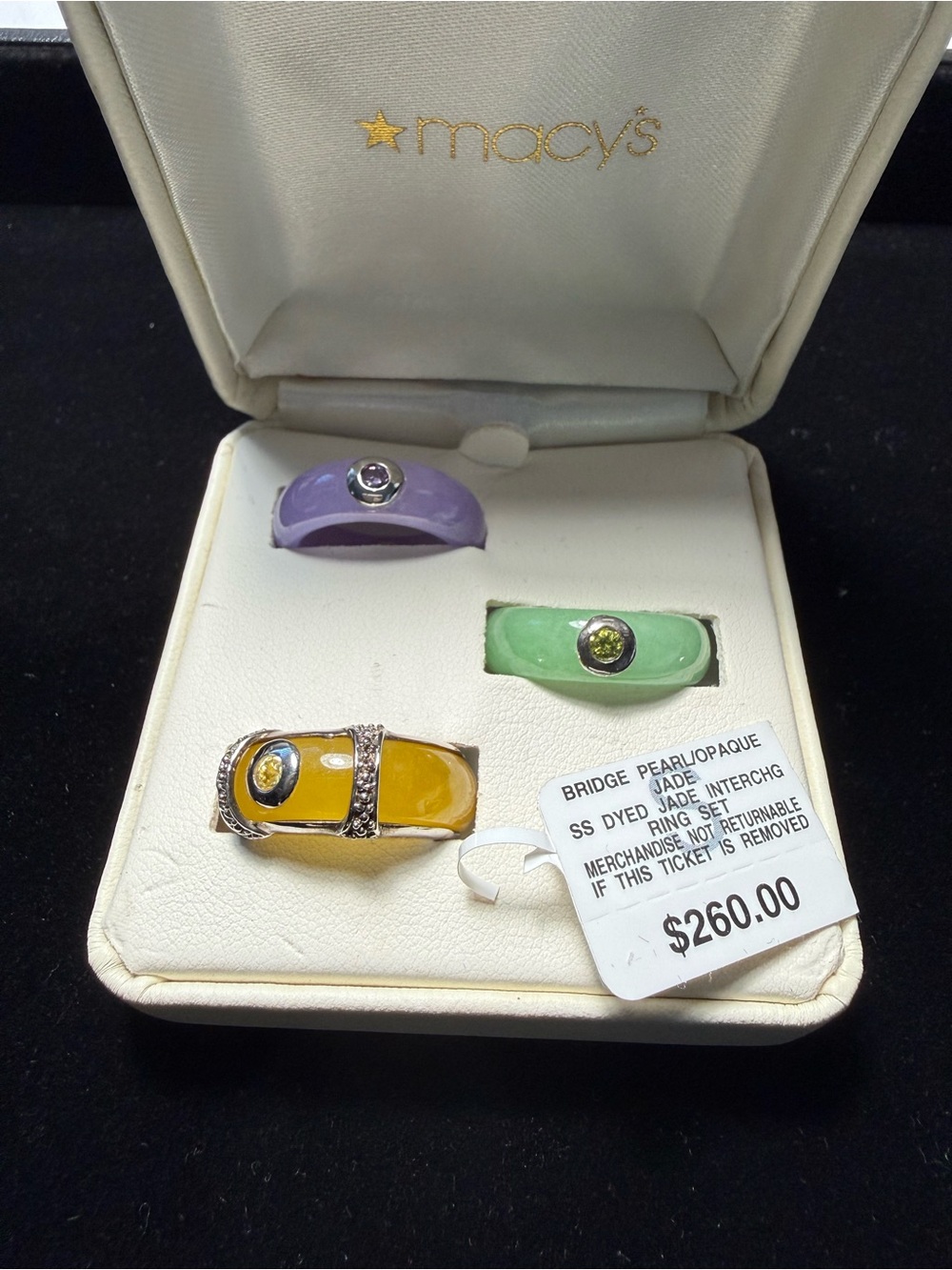 Macy’s Set of 3 Colored Jade Rings with Box